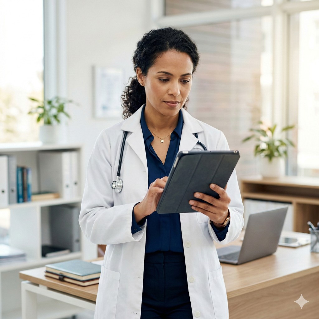 Médecin généraliste utilisant DocSage sur tablette